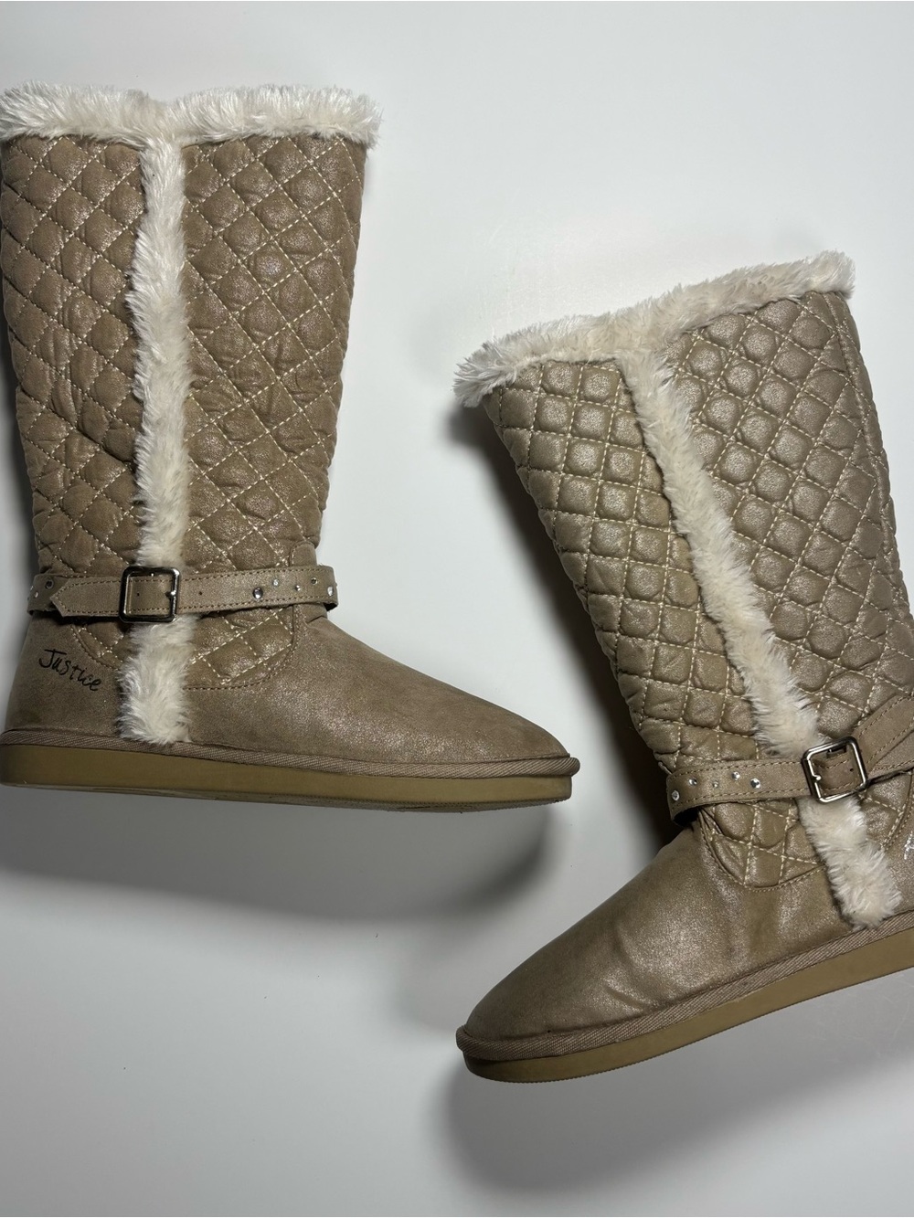 Justice Quilted Faux-Fur Trim Tan Boots